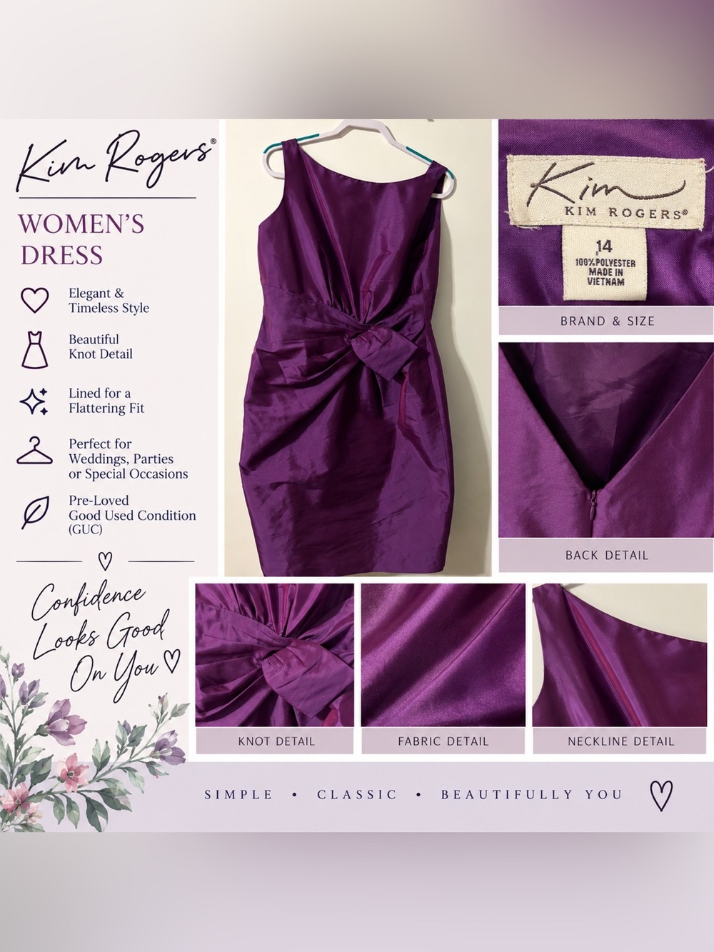 Kim Rogers Purple Sheath Cocktail Dress with Front Knot